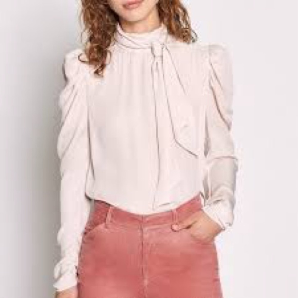 NEW Joie Tie Bow Long Puffed Sleeve Silk Blouse Medium $278 Retail - Picture 3 of 11